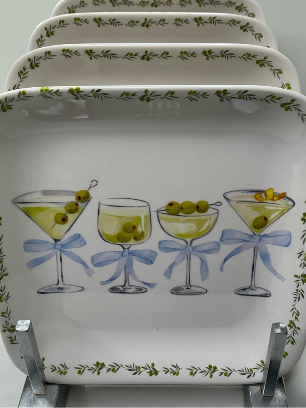4 Rachel Zoe Square Appetizer  Plates Cocktails & Bows Melamine 6” New